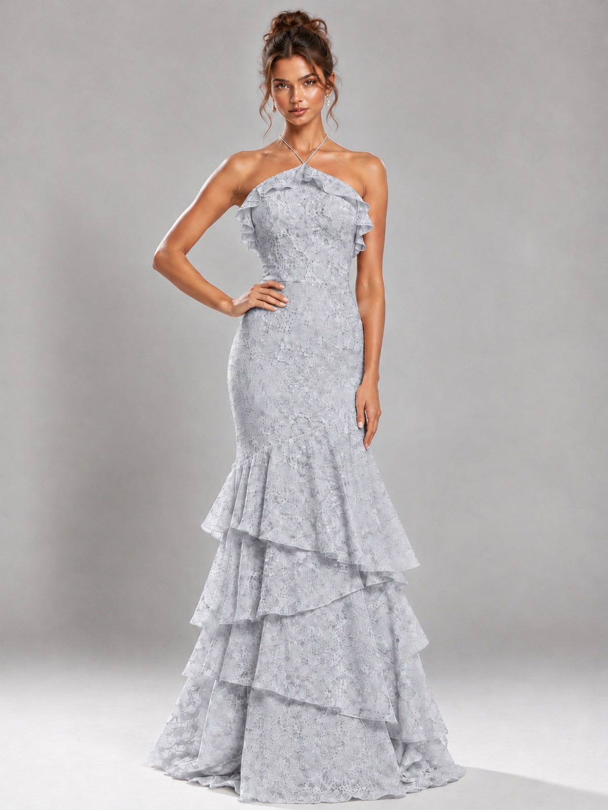 Halter Tiered Mermaid Prom Dress with Sparkly Lace