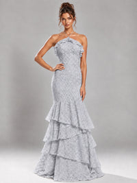 Halter Tiered Mermaid Prom Dress with Sparkly Lace