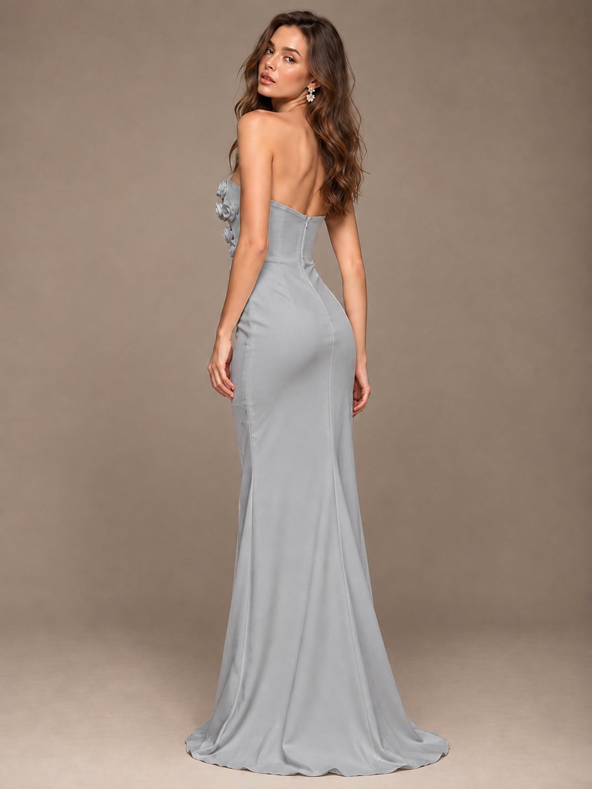 White Strapless Mermaid Maxi Dress with 3D Floral Appliques