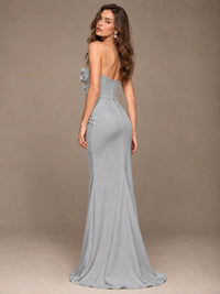 White Strapless Mermaid Maxi Dress with 3D Floral Appliques