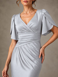 V-Neck Satin Mother of the Bride Dress with Flutter Sleeves