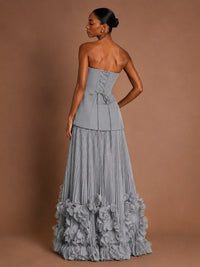 Strapless Pleated Floral Satin Formal Dress with Side Slit
