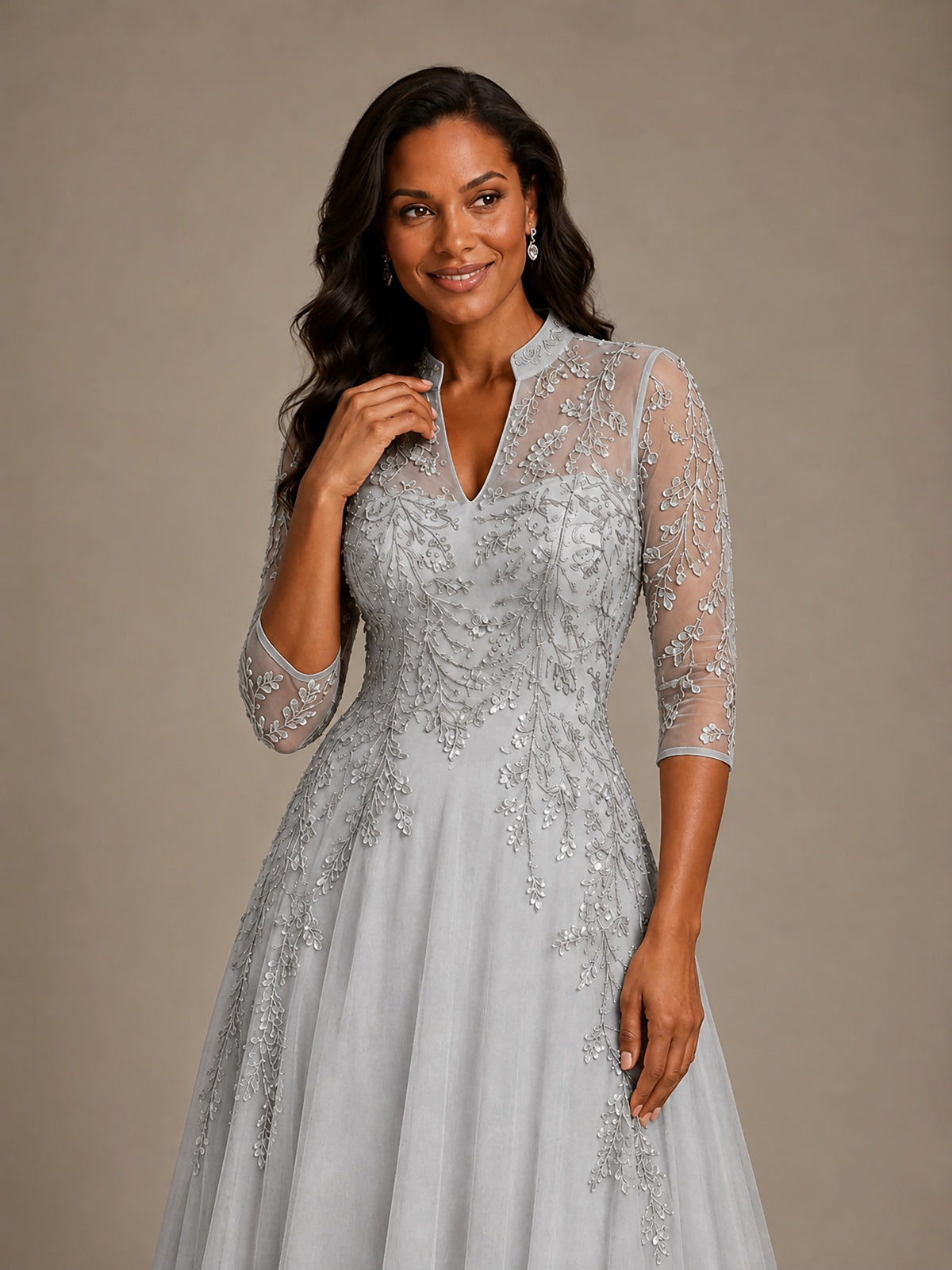 Embellished Appliques Mother of the Bride Dress with 3/4 Sleeves