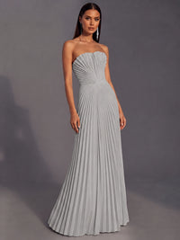 Strapless A-line Long Pleated Satin Prom Dress