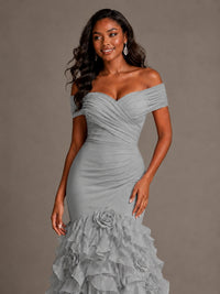 Pink Off-the-Shoulder Mermaid Prom Dress with Ruffles 3D Flowers