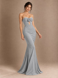 Emerald Green Strapless Mermaid Prom Dress with 3D Rose & Keyhole Cutout