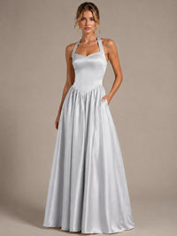 Light Yellow Halter Neck Satin A-Line Maxi Dress with Pockets