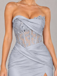 Strapless Satin Prom Dress with Sheer Lace Corset & High Slit