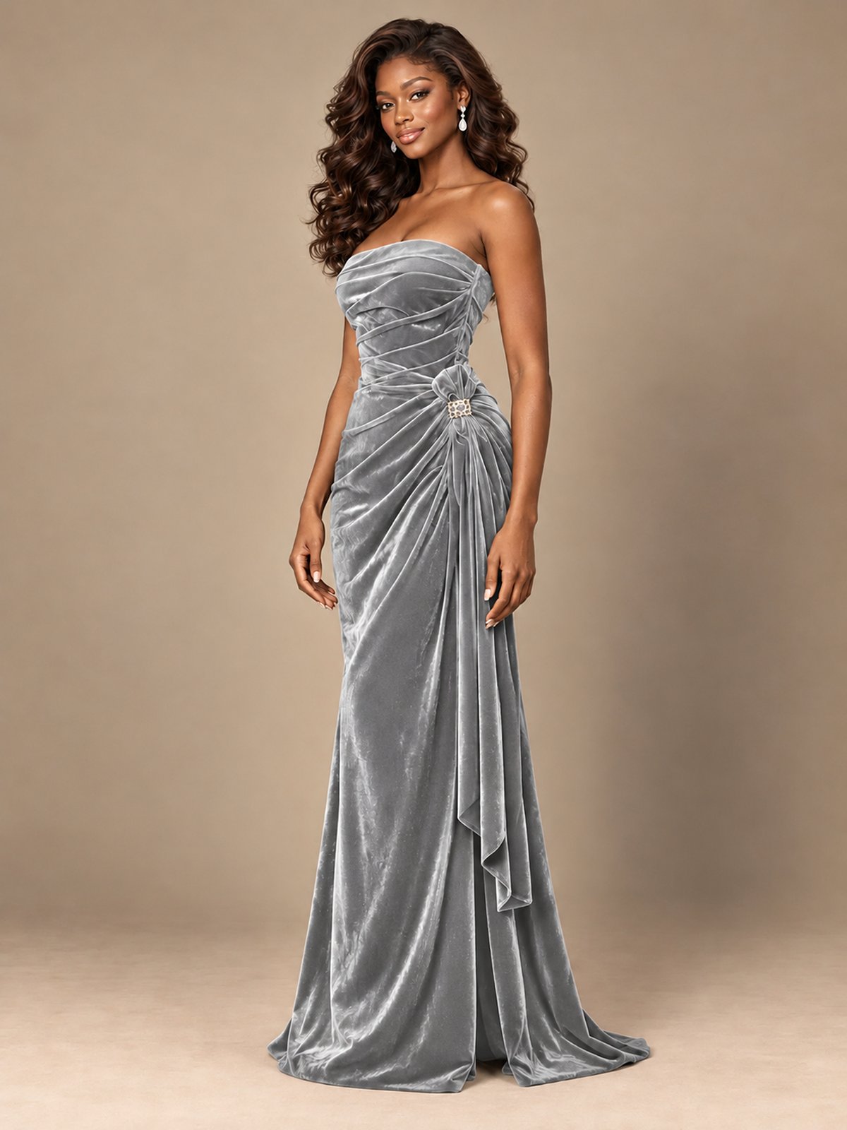 Burgundy Velvet Strapless Ruched Prom Dress with Jeweled Side Drape
