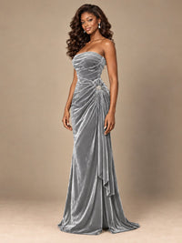 Burgundy Velvet Strapless Ruched Prom Dress with Jeweled Side Drape