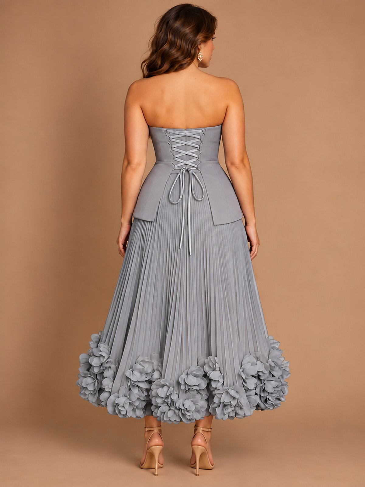 Navy Blue Strapless Pleated A-Line Midi Dress with 3D Floral Applique