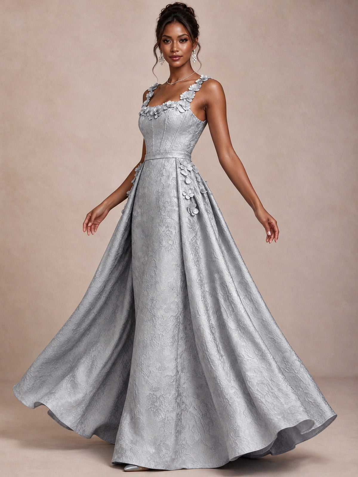 Light Blue 3D Floral Jacquard Prom Dress with Detachable Overskirt Corset Gown