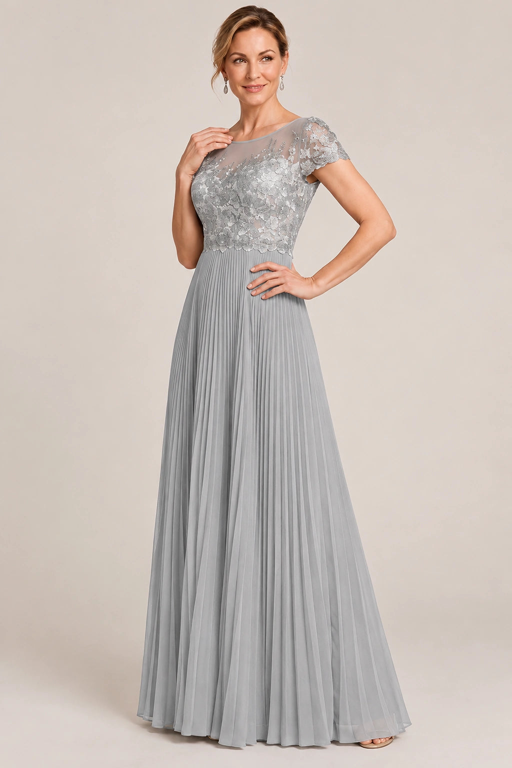 Embroidered Lace Pleated Mother of the Bride Dress