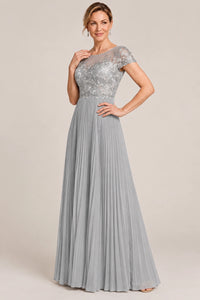 Embroidered Lace Pleated Mother of the Bride Dress