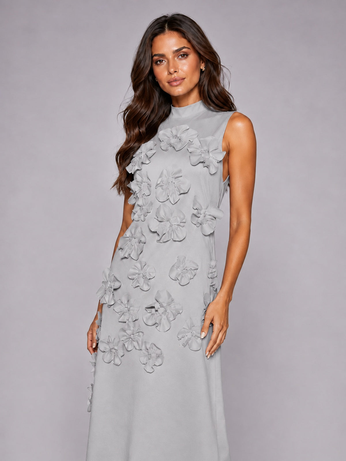 3D Floral Applique High Neck Prom Maxi Dress