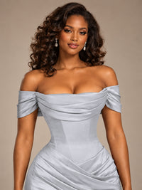 Burgundy Off-the-Shoulder Satin Corset Prom Dress with Slit