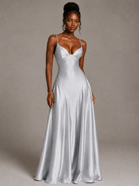 Lavender V Neck Satin Prom Dress with Spaghetti Straps