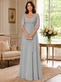 Chiffon Lace Applique Mother of the Bride Dress with 3/4 Sleeves