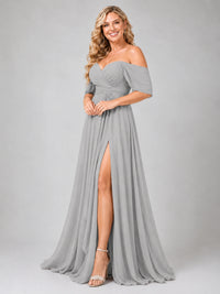 Off Shoulder Chiffon Bridesmaid Dress with Slit