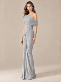 Elegant Draped Off Shoulder Ruched Mermaid Chiffon Formal Evening Gown