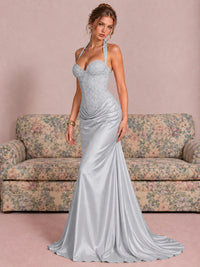 Sparkling Halter Corset Satin Mermaid Prom Dress