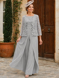 Elegant 3-Piece Chiffon Mother of the Bride Pantsuit with Floral Applique Jacket