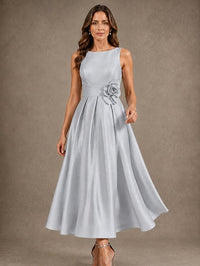 Tea-Length Satin Mother of the Bride Dress with 3D Flower Detail