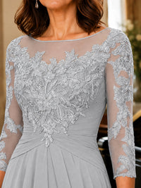 A-Line Chiffon Mother of the Bride Dress with Floral Applique 3/4 Sleeves