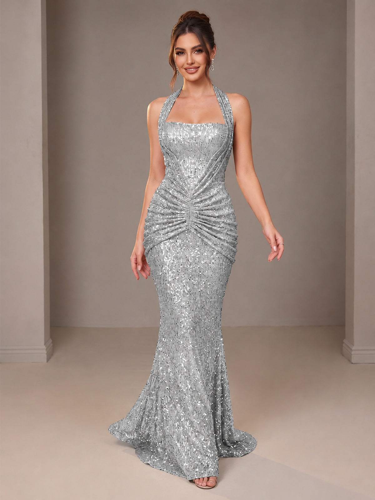 Gold Halter Sequin Mermaid Ruched Prom Dress Long Ruched Evening Gown