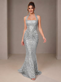 Gold Halter Sequin Mermaid Ruched Prom Dress Long Ruched Evening Gown