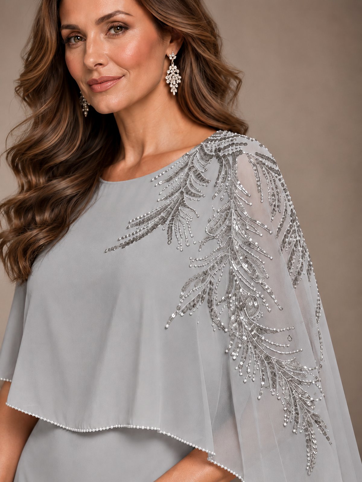 Elegant Chiffon Cape Sleeve Beaded Mother of the Bride Dress