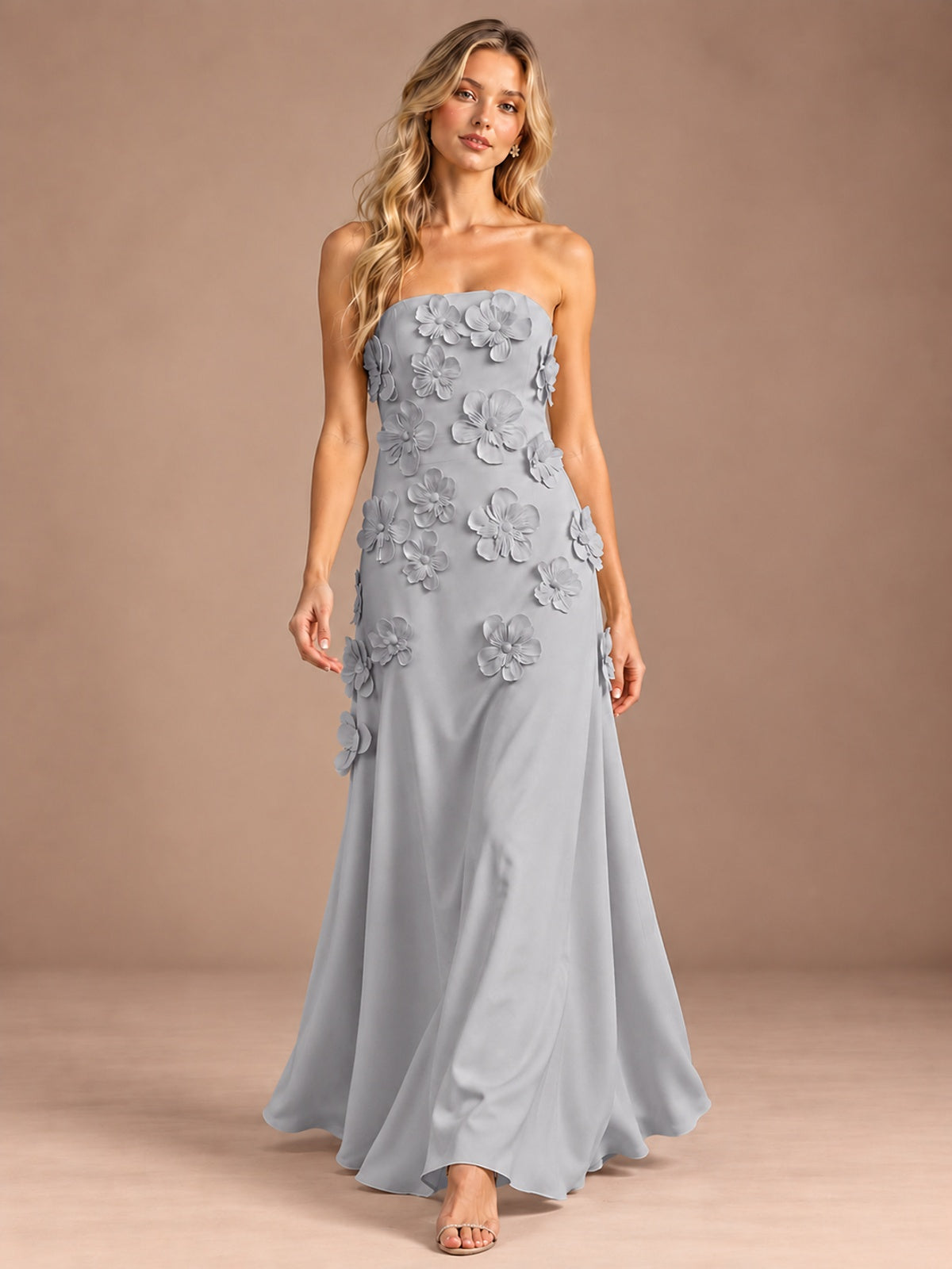 Yellow Strapless A-line Satin Maxi Dress with 3D Floral