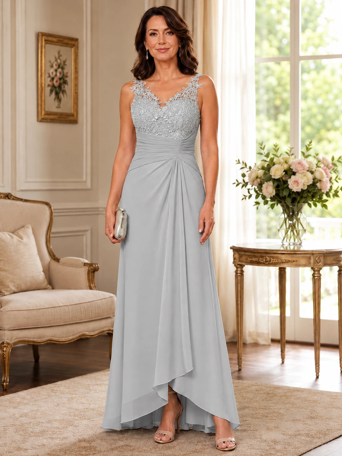 Elegant Chiffon Mother of the Bride Dress with Lace Applique and Cape Sleeves