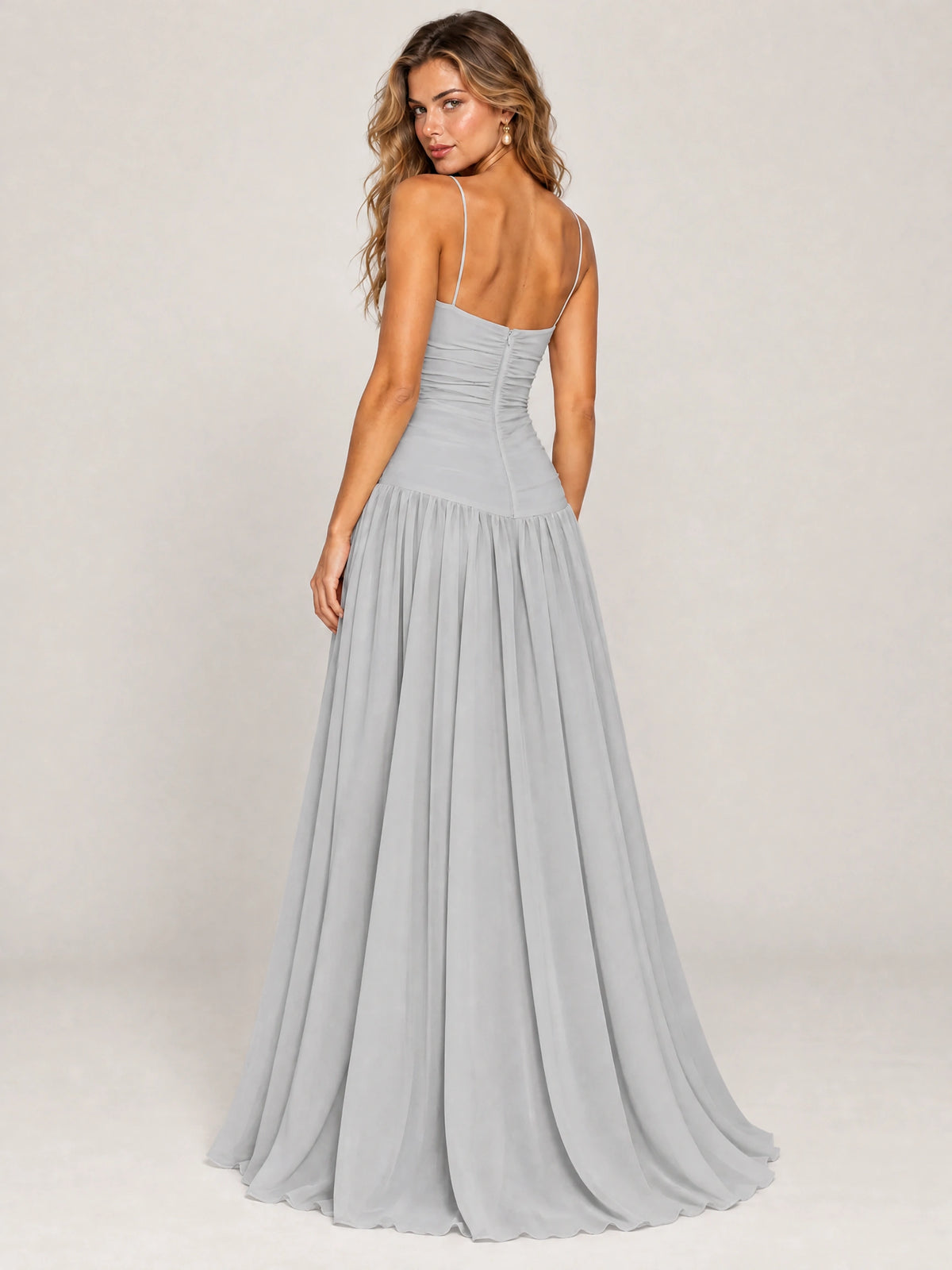 Butter Yellow Ruched Spaghetti Strap Drop-Waist Prom Dress