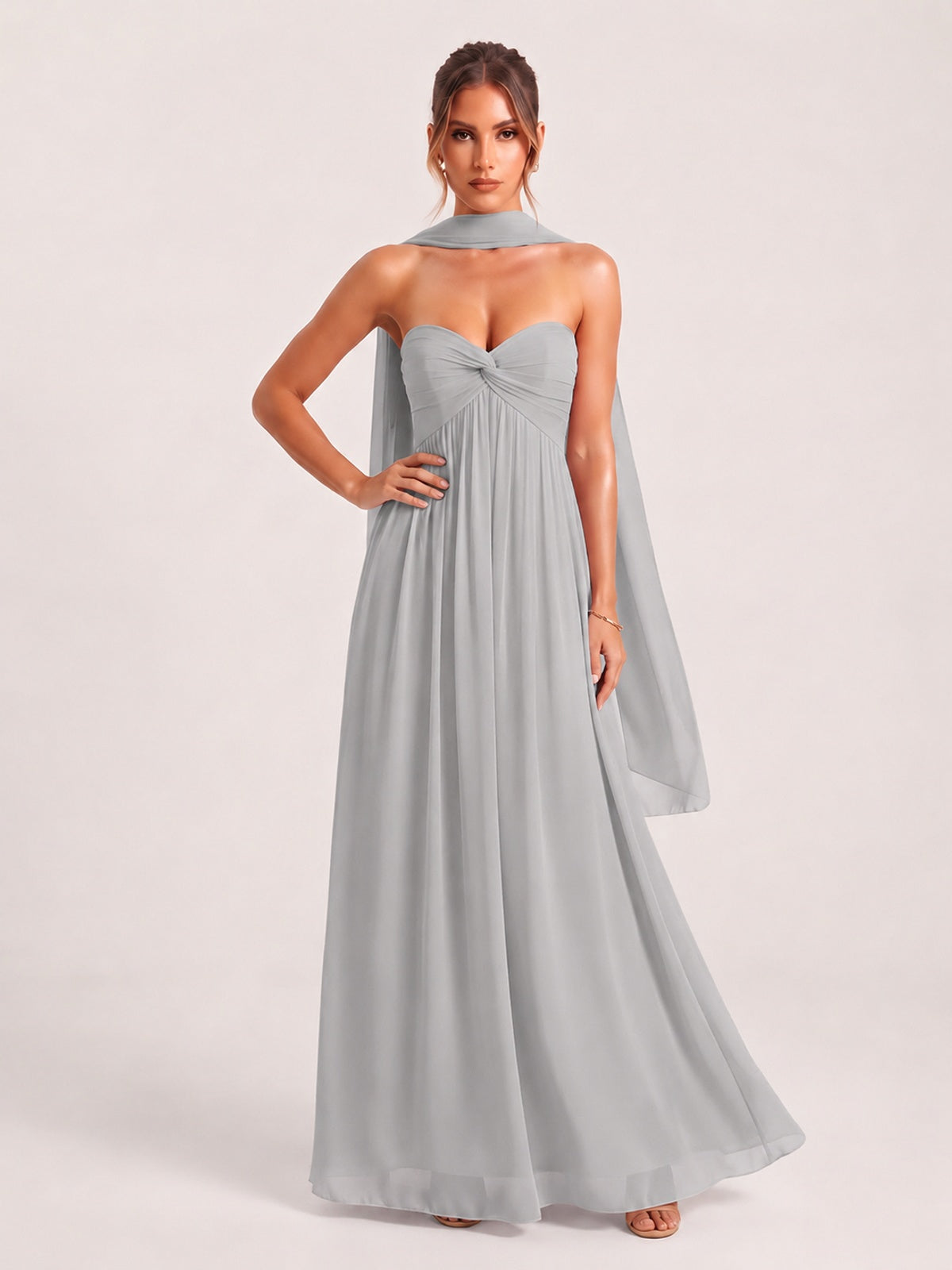Strapless Ruched Chiffon Long Prom Dress with Scarf