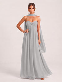 Strapless Ruched Chiffon Long Prom Dress with Scarf