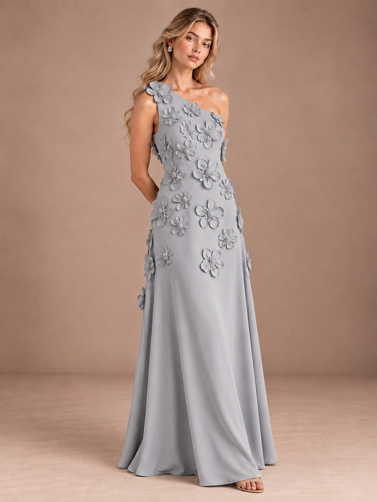 Sage Green One Shoulder Satin Formal Maxi Dress with 3D Floral