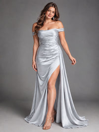 Off Shoulder Satin Maxi Dress with Slit
