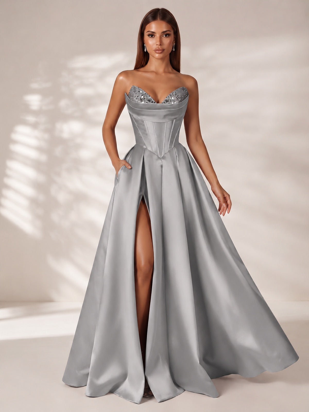 Strapless Corset Satin Prom Dress Long Evening Gown with High Slit