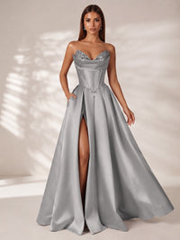 Strapless Corset Satin Prom Dress Long Evening Gown with High Slit