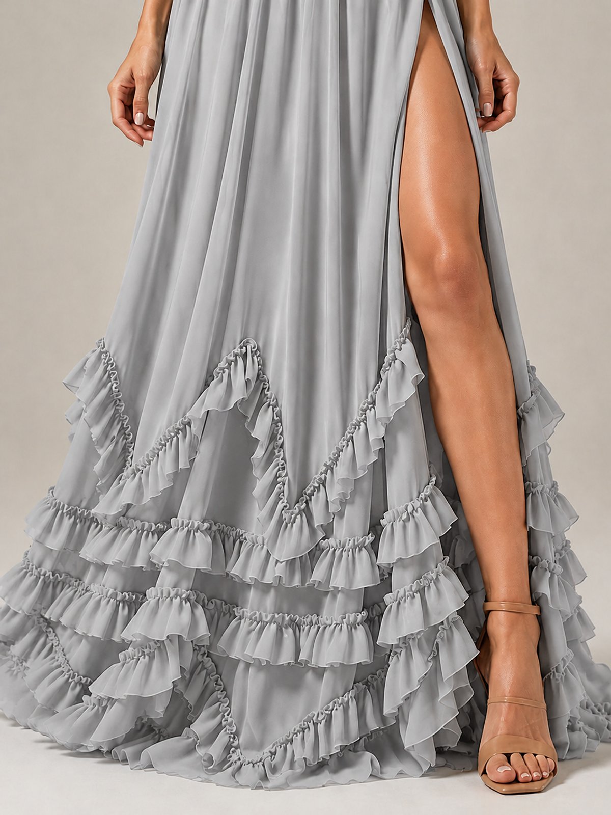 Halter V Neck Chiffon Formal Dress with Lace-Up Back and Ruffle Hem