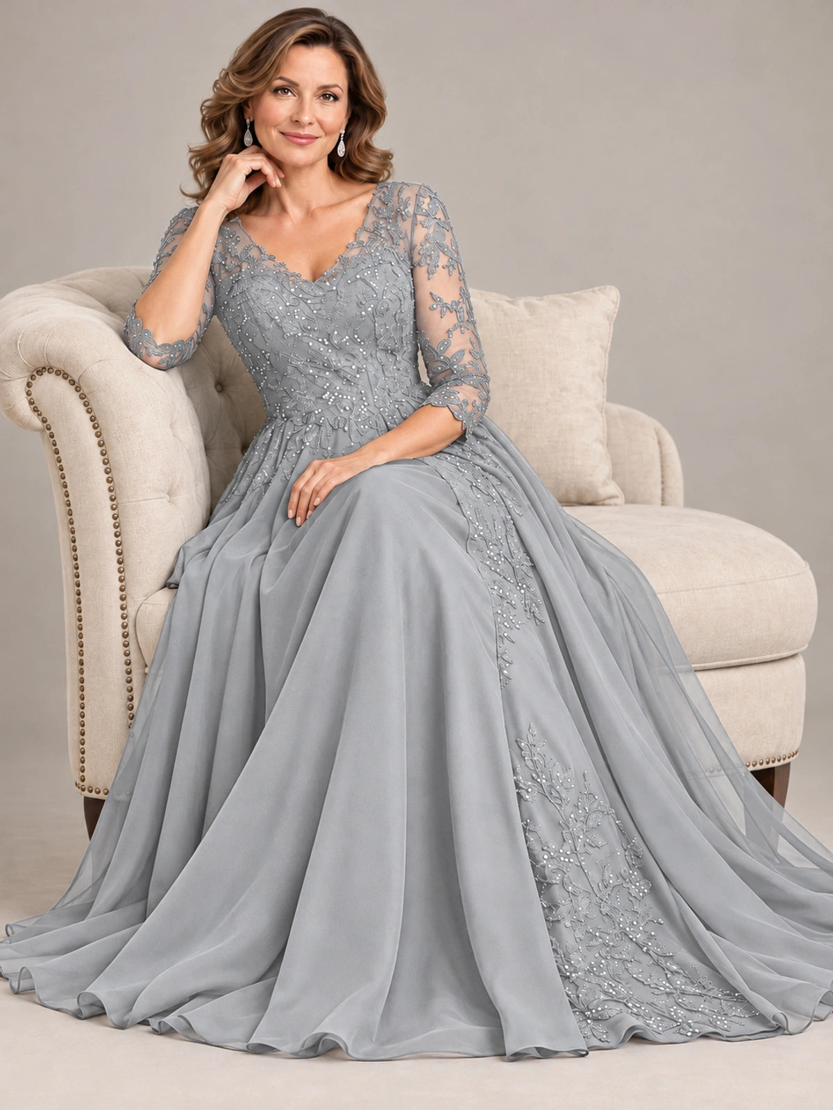 Sequin Lace A-Line Mother of the Bride Dress with 3/4 Sleeves