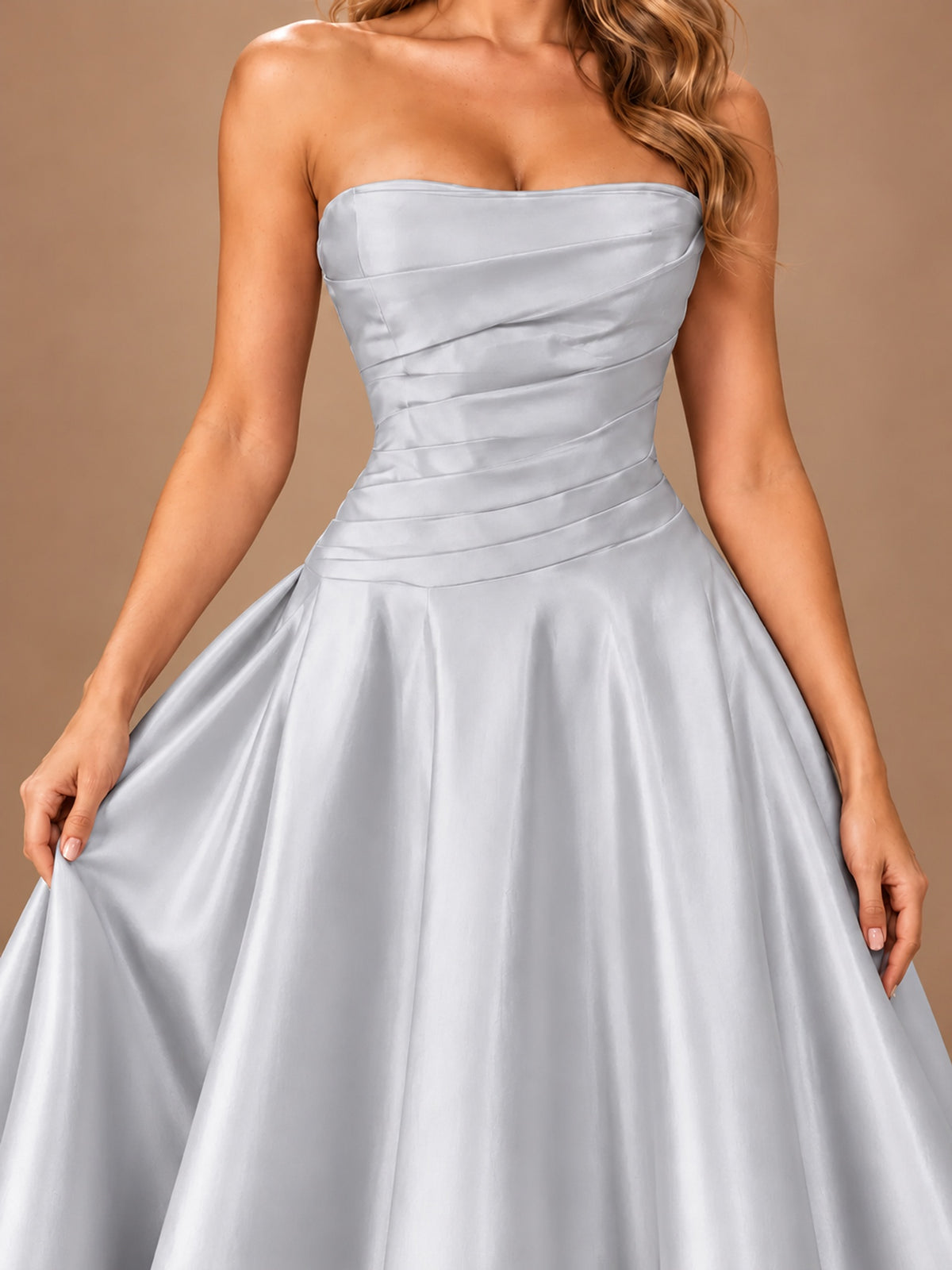 Blush Pink Strapless Satin A-Line Prom Dress with Ruched Bodice