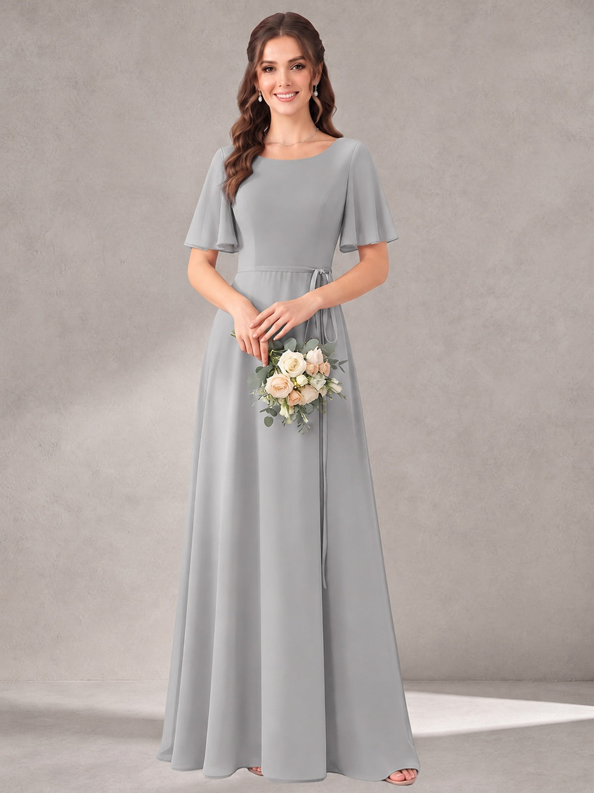 Scoop Neck A-line Chiffon Bridesmaid Dress with Flutter Sleeve & Belt
