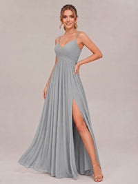 V-Neck Pleated Chiffon Long Bridesmaid Dress with Slit