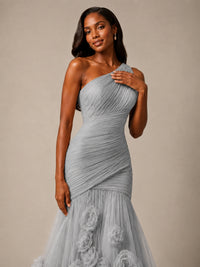 Blush Pink One Shoulder 3D Floral Mermaid Prom Dress