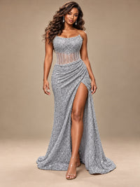 Gold Sequin Strapless Corset Prom Dress with High Slit