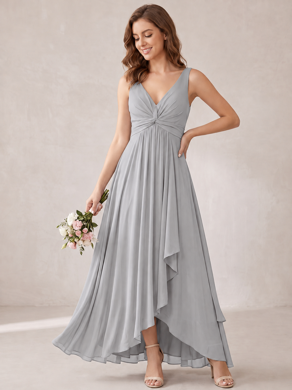 V-Neck High-Low Chiffon Bridesmaid Dress with Ruffles