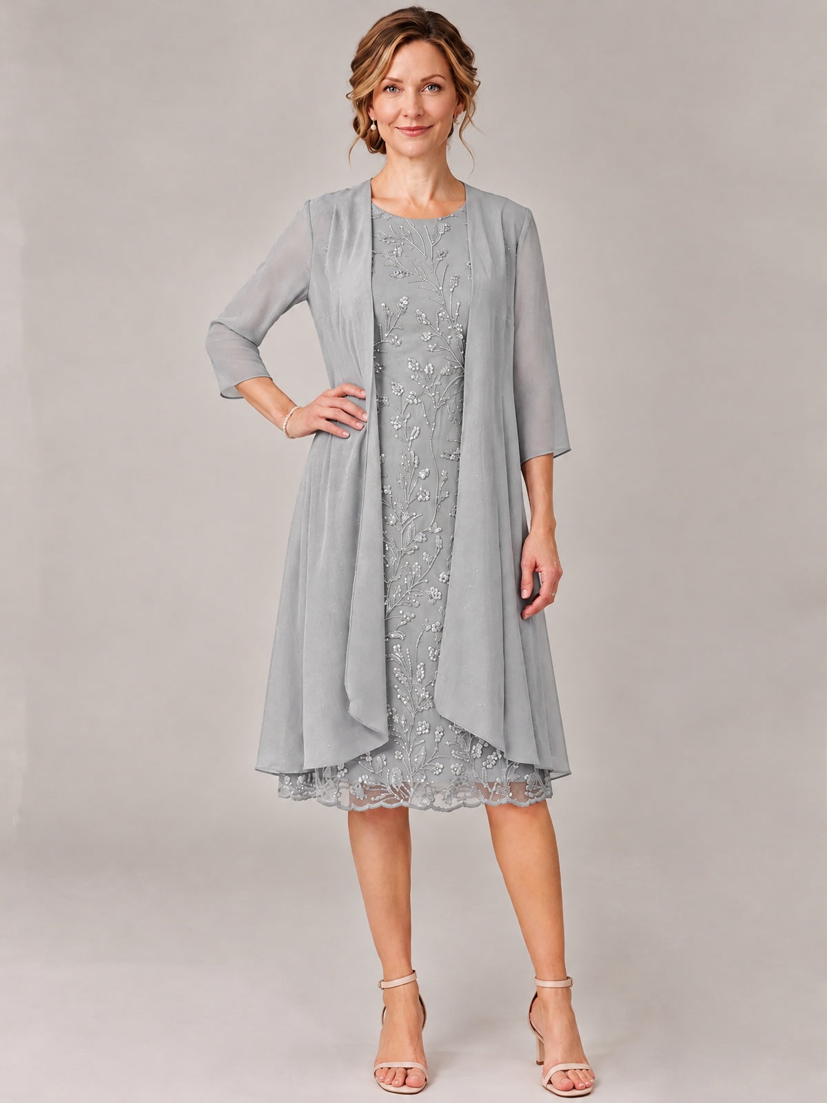 Tea Length Sequin Lace Mother of The Bride Dress with Chiffon Jacket