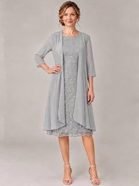Tea Length Sequin Lace Mother of The Bride Dress with Chiffon Jacket